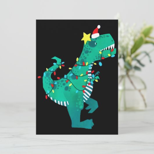 Groene Regenboog Dinosaurusr Brul Kerst Winter Feestdagenkaart (Staand voorkant)