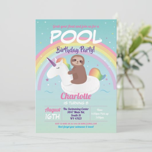 Groene regenboogpool Birthday Unicorn Float Kaart (Staand voorkant)