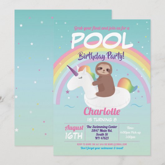 Groene regenboogpool Birthday Unicorn Float Kaart (Voorkant / Achterkant)
