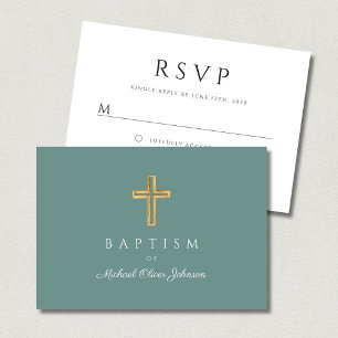 Groene Religieuze Houten Kruis Jongens Doop RSVP Kaartje