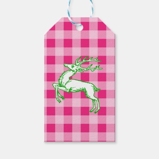 Groene rendier roze gingham cadeaulabel (Voorkant)