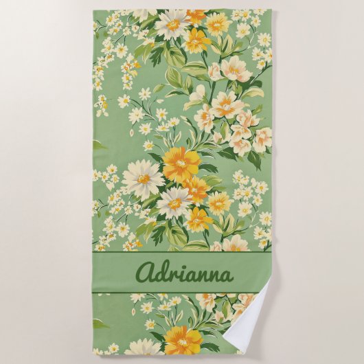 Groene Retro Bloemen Strandlaken (Voorkant)