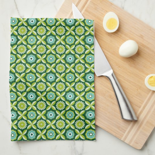 Groene retro bloemen theedoek (Quarter Fold)