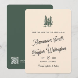 Groene Retro Bomen QR Code Berg Bruiloft Save The Date