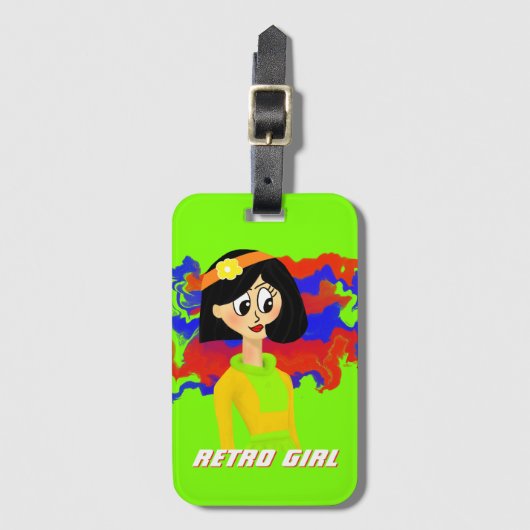 Groene Retro Cartoon Meisje Bagagelabel (Voorkant (verticaal))