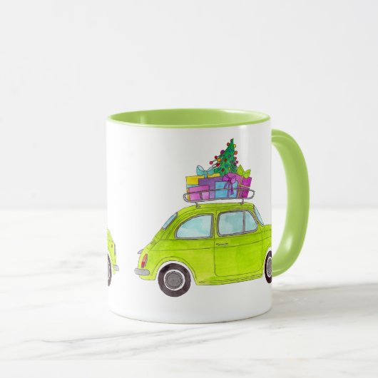 Groene Retro Fiat 500 met cadeautjes Waterverf Mok (Voorkant rechts)