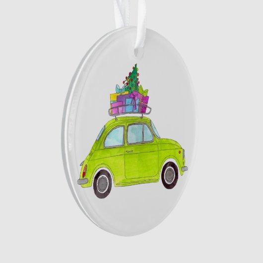 Groene Retro Fiat 500 met cadeautjes Waterverf Ornament (voorkant)