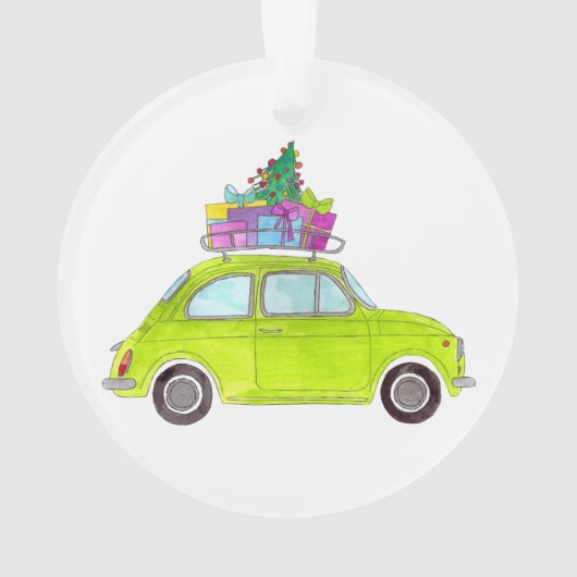 Groene Retro Fiat 500 met cadeautjes Waterverf Ornament (achterkant)