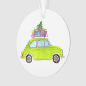 Groene Retro Fiat 500 met cadeautjes Waterverf Ornament (voorkant)