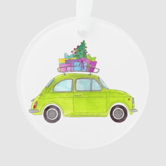 Groene Retro Fiat 500 met cadeautjes Waterverf Ornament (voorkant)