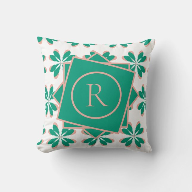 Groene Retro Floral Monogram Kussen (Voorkant)