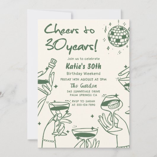 Groene Retro Hand getrokken Funky 30e verjaardag Kaart (Voorkant)