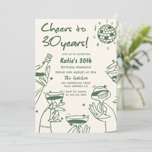 Groene Retro Hand getrokken Funky 30e verjaardag Kaart (Staand voorkant)