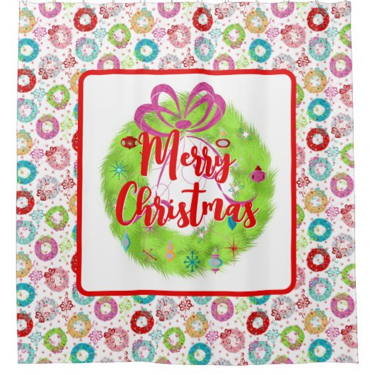 Groene Retro Kerstkrans Douchegordijn (Voorkant)