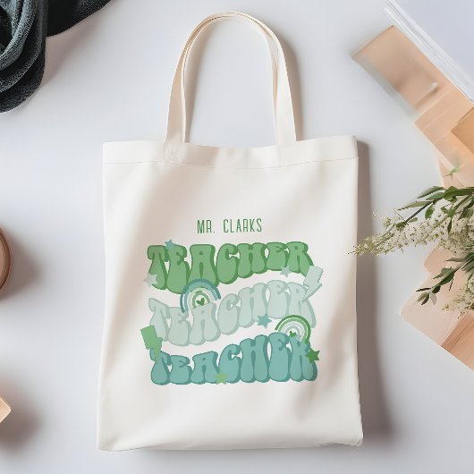 Groene retro leraar waardering gepersonaliseerd tote bag