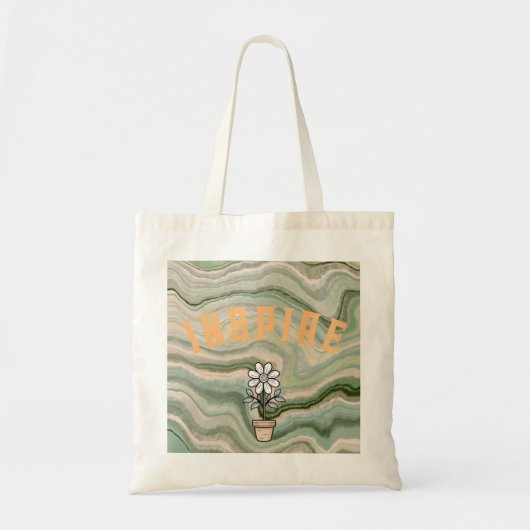 Groene Retro Marmerprint Bloem Tote Tas met Eigen (Voorkant)