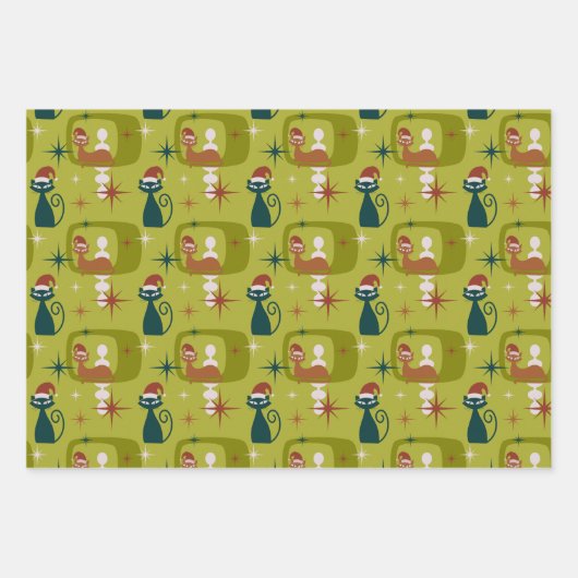 Groene Retro Mid Century Moderne Kattenkerst Inpakpapier Vel (Voorkant)