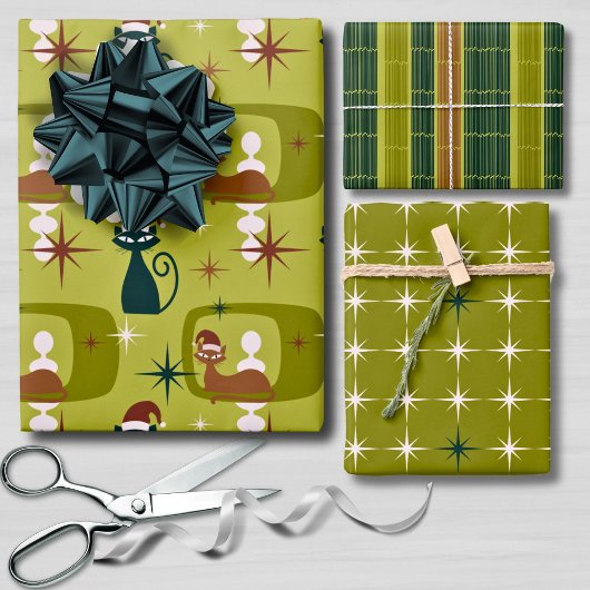 Groene Retro Mid Century Moderne Kattenkerst Inpakpapier Vel