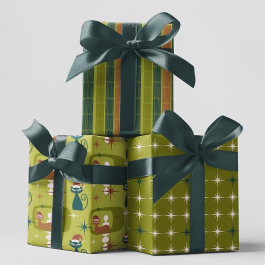 Groene Retro Mid Century Moderne Kattenkerst Inpakpapier Vel