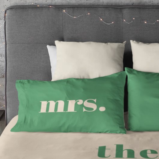 Groene retro moderne bruiloft meneer en mevrouw kussensloop