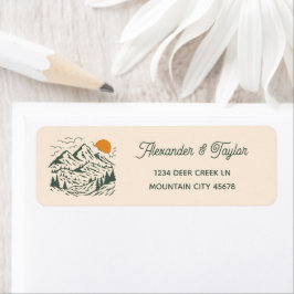 Groene Retro Mountain Landscape Trouwadres Etiket