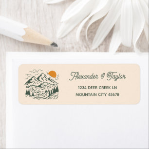 Groene Retro Mountain Landscape Trouwadres Etiket