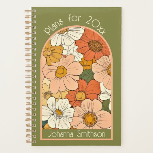 Groene Retro Sinaasappel Groove Bloemen Kleine Pla Planner (Voorkant)