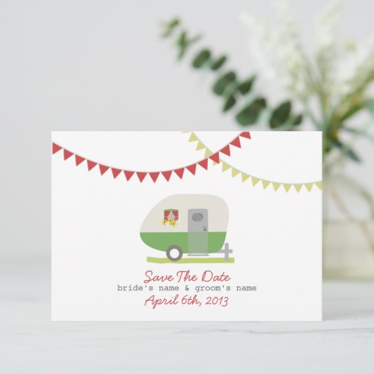 Groene Retro Trailer & Wedding sparen de Datum Save The Date (Staand voorkant)