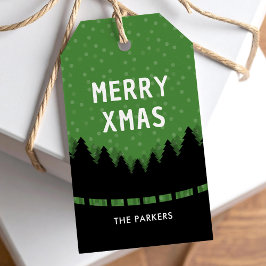 Groene retro Vrolijke Kerstmis met pijnbomen en sn Cadeaulabel