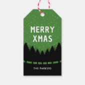 Groene retro Vrolijke Kerstmis met pijnbomen en sn Cadeaulabel (Voorkant)