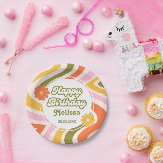 Groene Retro Wave Groovy Bloem 40e Verjaardag Papieren Bordje (Feest)