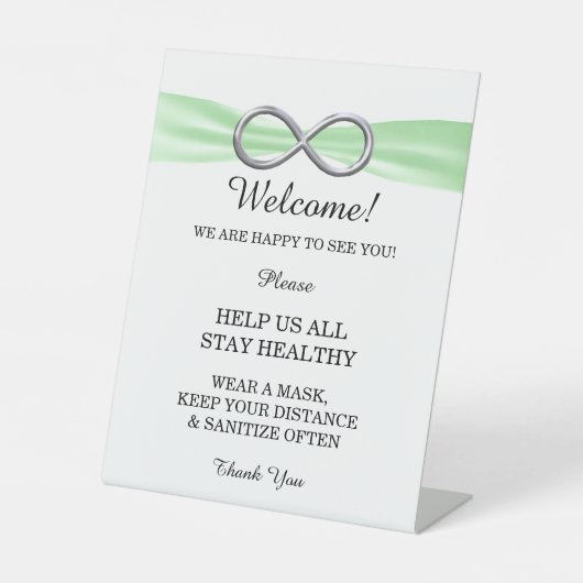 Groene ribbon zilver oneindige bruiloft reclamebord met voetstuk (Voorkant)