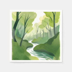 Groene rivier   Bos aquarelschilderij Servet