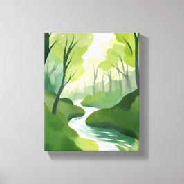 Groene rivier | Waterverfschilderij van bos Canvas Afdruk