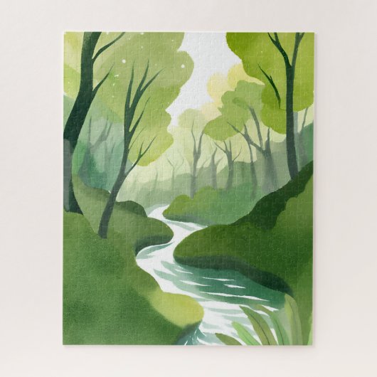 Groene Rivier | Waterverfschilderij van bos Legpuzzel (Verticaal)