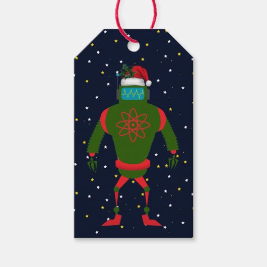 Groene Robot Santa in Ruimte Bijpassende Kerstmis Cadeaulabel (Voorkant)