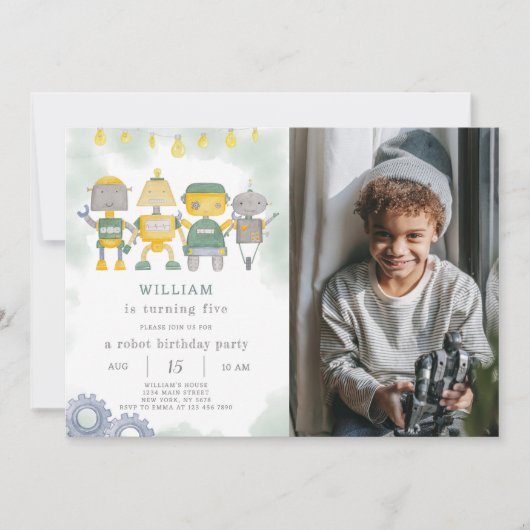 Groene Robot Verjaardagsuitnodiging met foto Kaart (Voorkant)