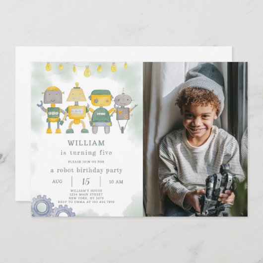 Groene Robot Verjaardagsuitnodiging met foto Kaart (Voorkant / Achterkant)
