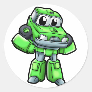 Groene robotauto-cartoon - Kies achtergrondkleur Ronde Sticker