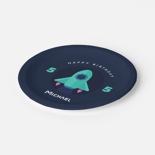 Groene Rocket Spaceship Boys 5e verjaardag Papieren Bordje (Gekanteld)
