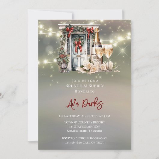 Groene Rode Berry Decor Deur Licht Brunch & Bubbly Kaart (Voorkant)