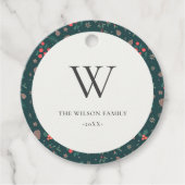 Groene rode bessen Kerstmis Bloemen Patroon Monogr Bedankjes Labels (Voorkant)