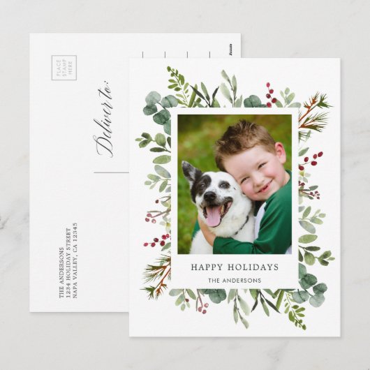 Groene rode bessen vakantie foto kerstkaart feestdagenkaart (Voorkant / Achterkant)