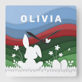 Groene rode blauwe golven, roosterkonijn en eieren vierkante klok