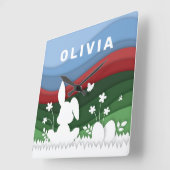 Groene rode blauwe golven, roosterkonijn en eieren vierkante klok (Hoek)