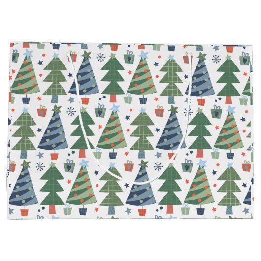 Groene rode blauwe kerstbomen groot cadeauzakje (Achterkant)