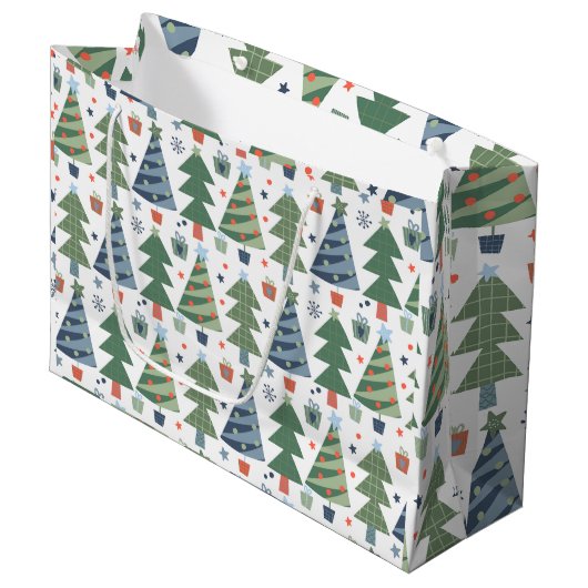Groene rode blauwe kerstbomen groot cadeauzakje (Voorkant Gekanteld)