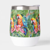 Groene, rode, blauwe papegaaien en tropische bloem (Links)