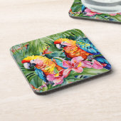 Groene, rode, blauwe papegaaien en tropische bloem bier onderzetter (Linkerzijde)