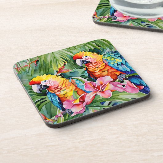 Groene, rode, blauwe papegaaien en tropische bloem bier onderzetter (Linkerzijde)